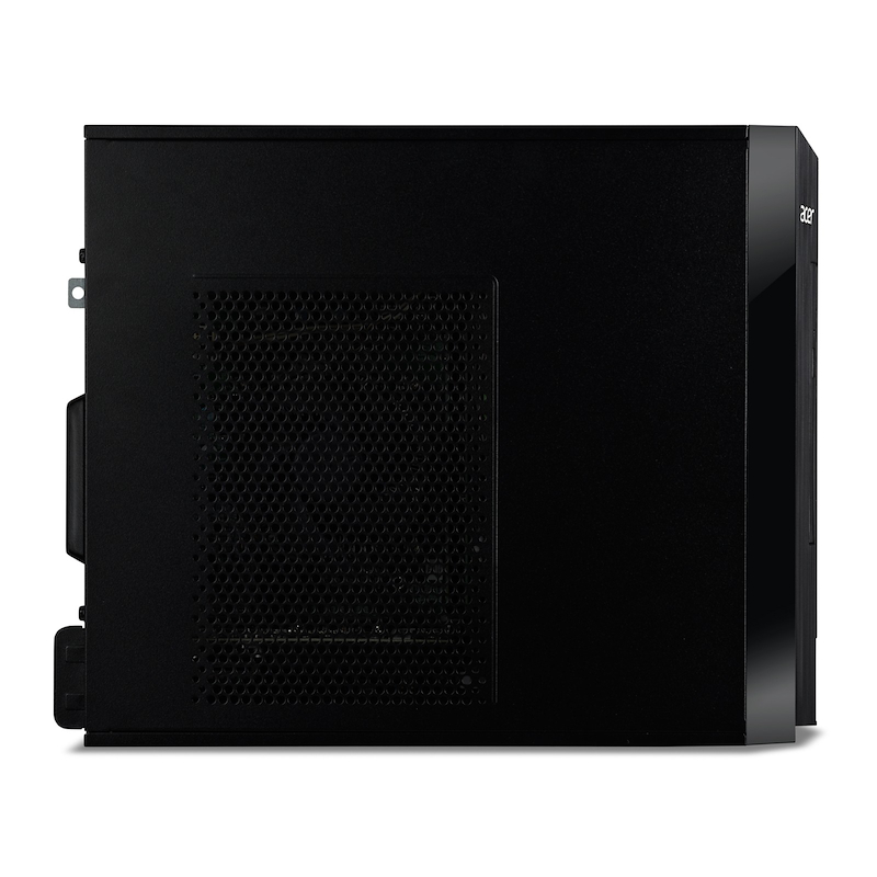 Una carcasa negra de computadora de escritorio Acer. La parte frontal tiene una ventilación y un botón de encendido. El logotipo de Acer está en la esquina superior derecha.