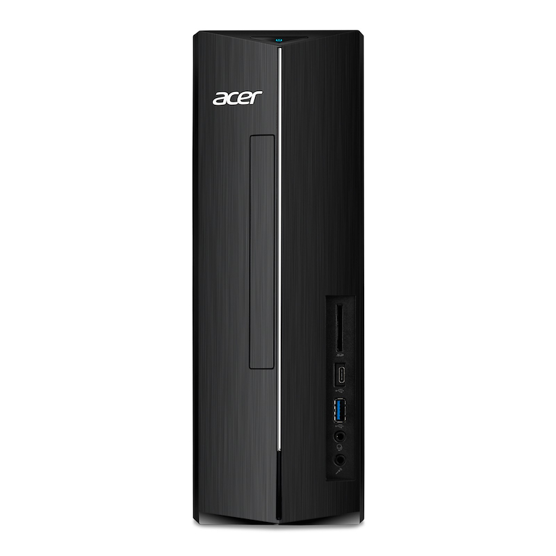 Una computadora de escritorio Acer negra. Tiene un diseño vertical con un botón de encendido y puertos en la parte frontal.