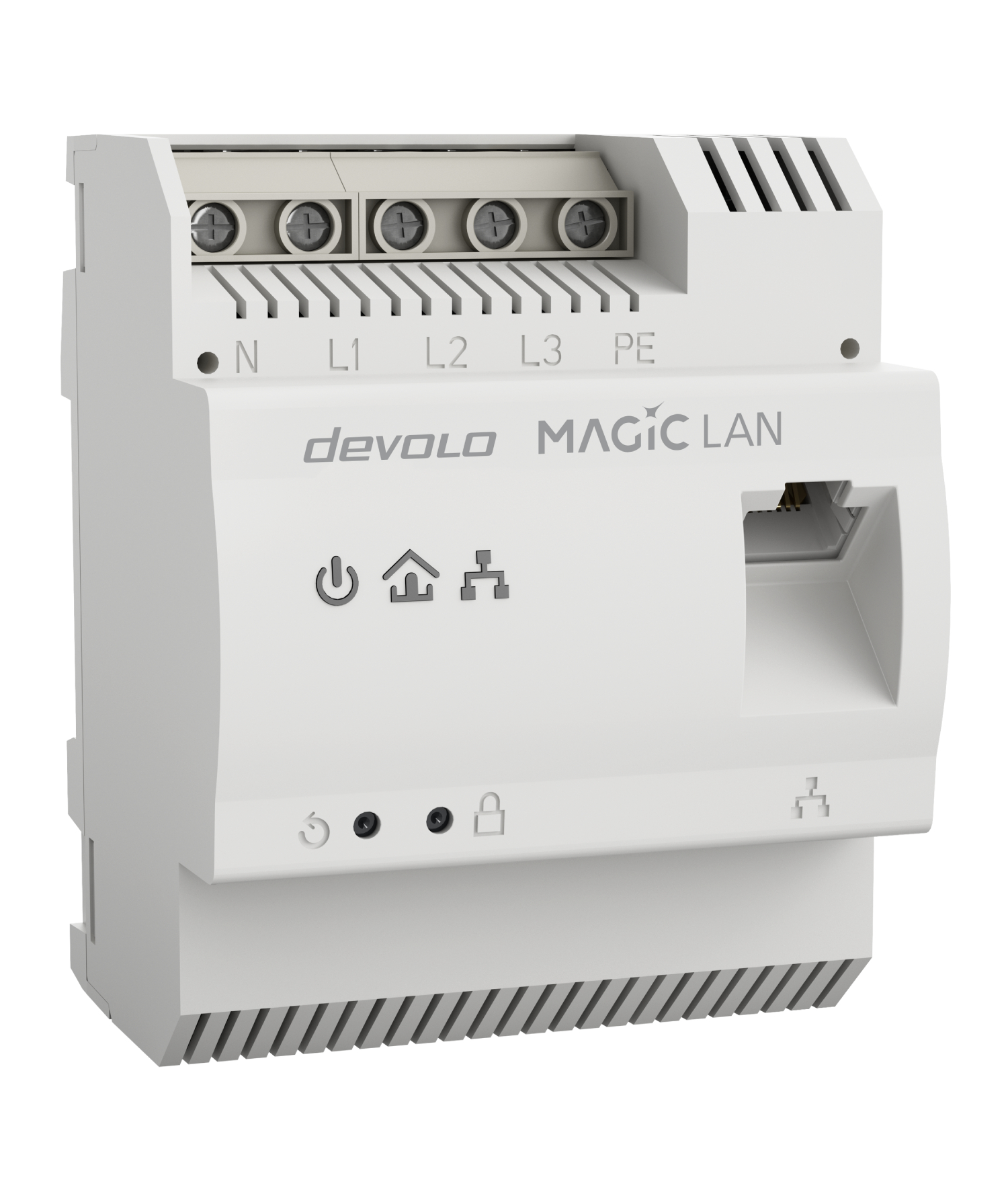 Weißes devolo MAGIC LAN-Gerät. Merkmale: Klemmen, Ethernet-Anschluss und verschiedene Kontrollleuchten und Symbole.