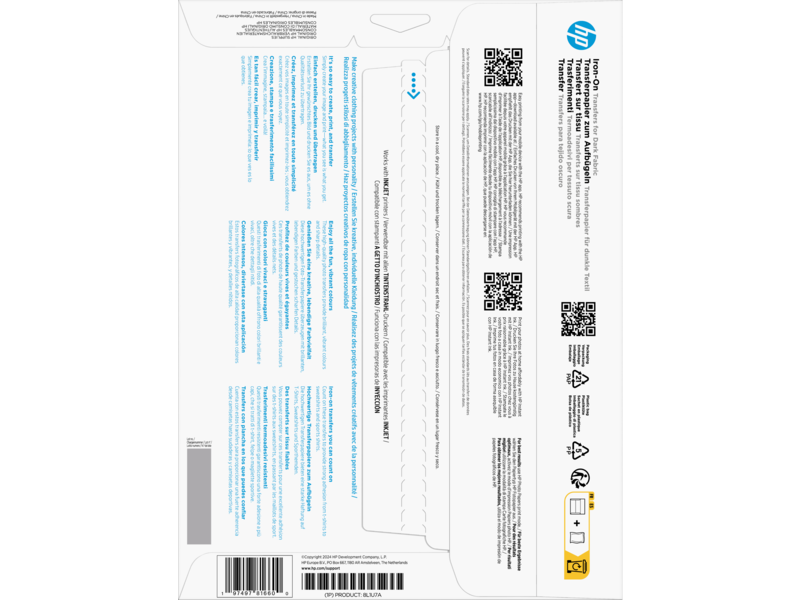 HP vasalható transzfer csomag. Fehér háttér, termék részletek, QR kódok.