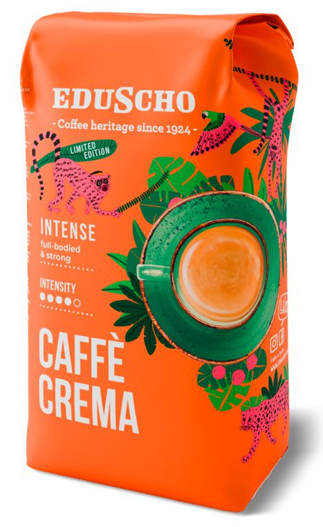 Pomarańczowa torba na kawę z marką EDUSCHO. Ma obraz filiżanki kawy. Obecne są również różowe lamparty i liście dżungli.