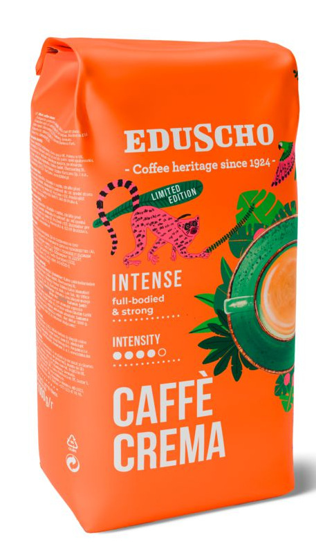 Pomarańczowa torba na kawę z napisem 'EDUSCHO' i ilustracją różowego lemura. Tekst głosi 'Caffè Crema', 'Intense' i 'Limited Edition'.