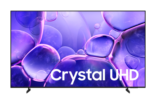 Bir TV ekranı Crystal UHD logosunu görüntülüyor. Ekran mor, kabarcık benzeri soyut bir arka plan gösteriyor.