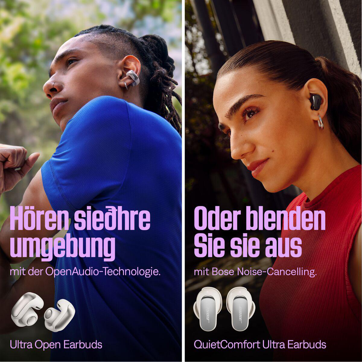 Zwei Personen mit Ohrhörern werden gezeigt. Einer trägt Blau, der andere Rot. Text wirbt für OpenAudio- und Noise-Cancelling-Technologien.