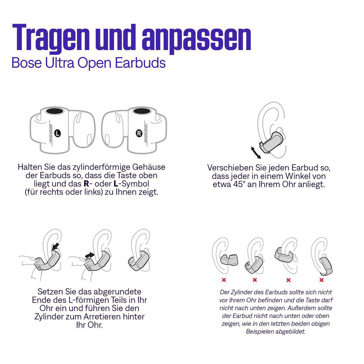Bild zeigt Bose Ultra Open Earbuds Anweisungen. Schritt-für-Schritt-Anleitung: Halten Sie die Ohrhörer, passen Sie den Winkel an, setzen Sie sie ein.
