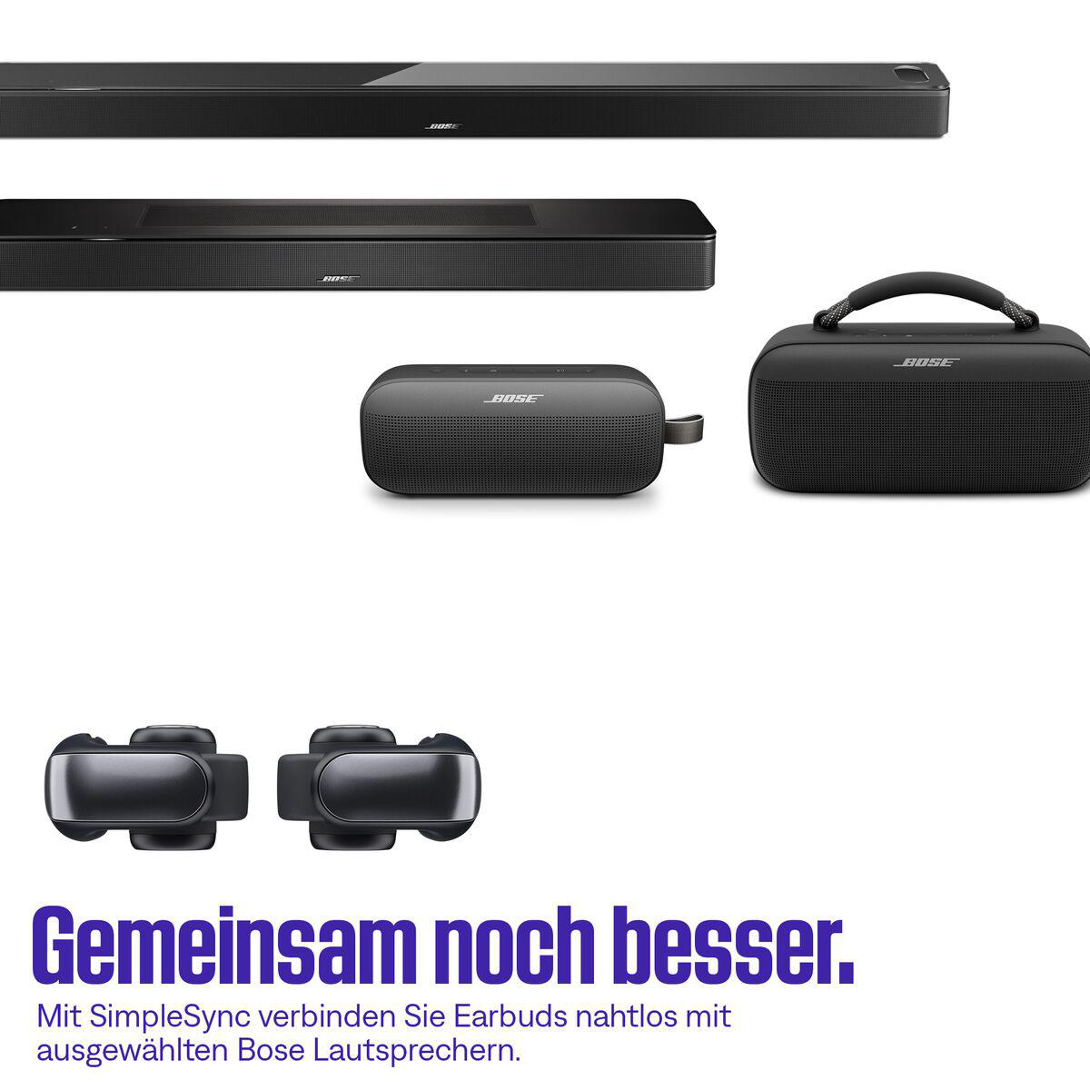 Das Bild zeigt Bose-Lautsprecher, Ohrhörer und einen tragbaren Lautsprecher. Der Text lautet 'Gemeinsam noch besser' und beschreibt SimpleSync.