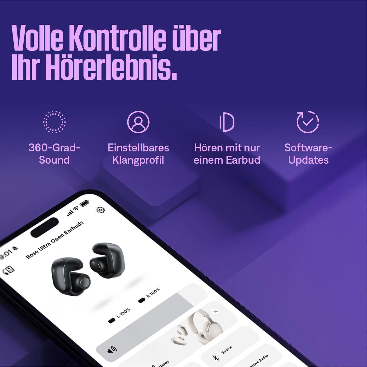 Bild zeigt Bose Ultra Open Earbuds mit Telefon-Oberfläche. Funktionen: 360-Sound, einstellbares Klangprofil, Einzel-Ohrhörer, Software-Updates.