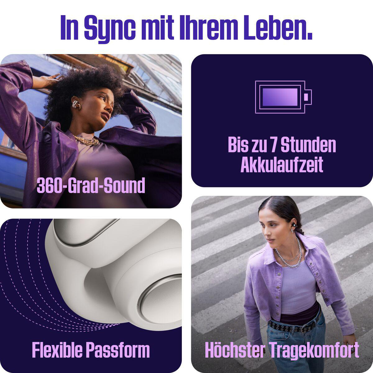 Werbung zeigt Menschen mit Ohrhörern. Text hebt Klang, Akkulaufzeit, Komfort und Passform hervor. Menschen tragen Lila und Weiß.