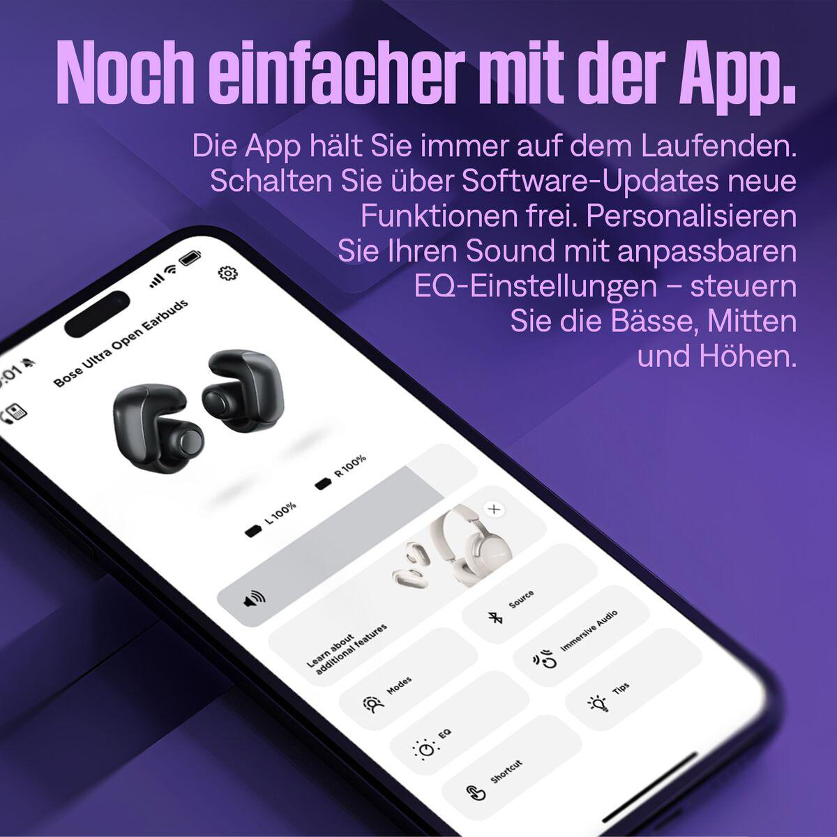 Smartphone-Bildschirm mit Bose-Kopfhörern, App-Oberfläche mit Optionen zur Steuerung der Klangeinstellungen und Text auf Deutsch.