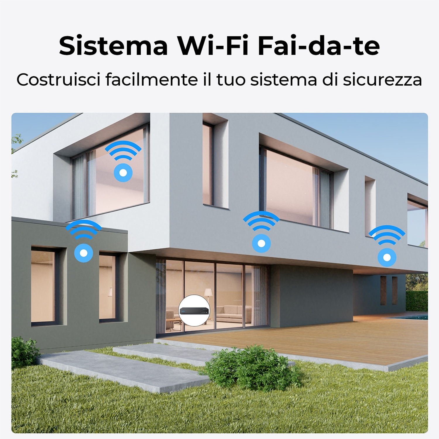 Una casa moderna con simboli wifi. Erba verde davanti, terrazza in legno. Testo: 'Sistema Wi-Fi'.