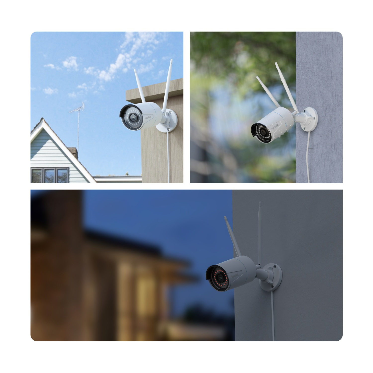 Tre telecamere di sicurezza montate su muri. Ogni telecamera ha due antenne e un obiettivo nero. Gli sfondi includono una casa e il cielo.