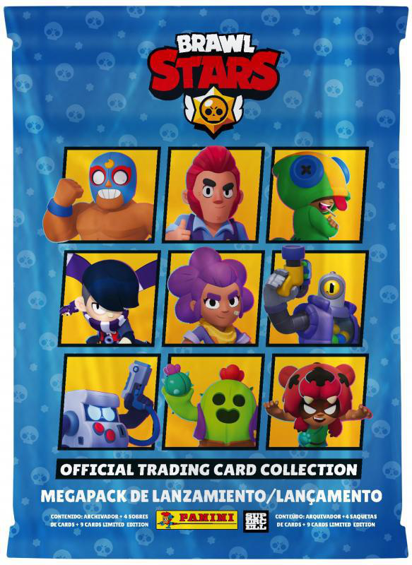 Brawl Stars Sammelkartenpackung. Neun Charakterbilder werden gezeigt. Die Packung hat das Brawl Stars Logo und das Panini Logo.