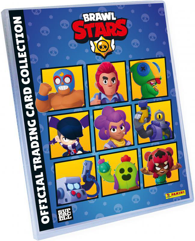Brawl Stars Sammelkarten-Kollektion. Charaktere in Quadraten. Oben: Logo. Mitte: mehrere Charaktere. Unten: Logo und Panini Logo.
