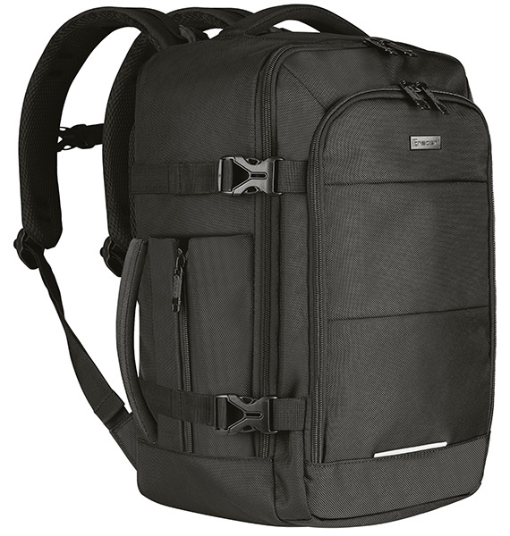 Czarny plecak z wieloma przegrodami, zamkami błyskawicznymi i paskami. Ma wyściełane paski na ramiona i uchwyt u góry.