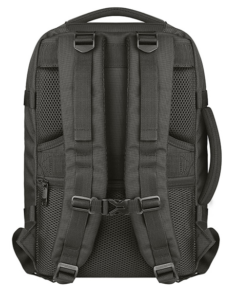 Czarny plecak, widok z tyłu. Posiada paski na ramiona, uchwyt, kieszenie z siatki i regulowane klamry. Szczegóły obejmują zamki błyskawiczne i szwy.