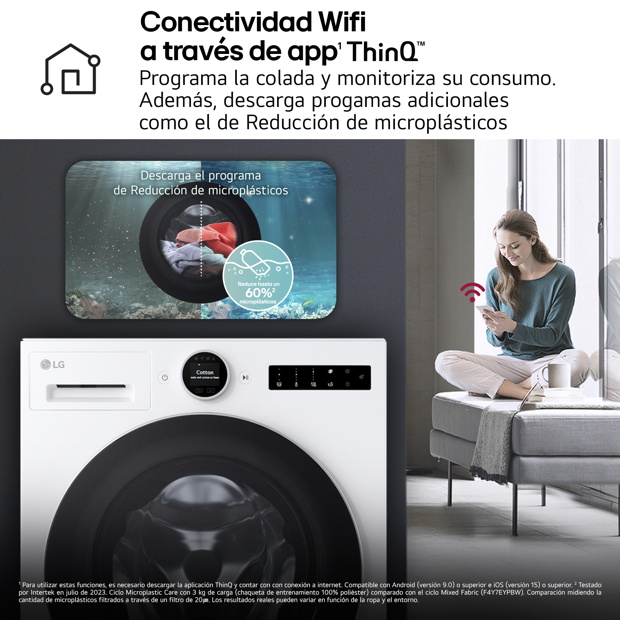 Una mujer usa un teléfono cerca de una lavadora. La máquina tiene una pantalla que muestra funciones de lavandería.