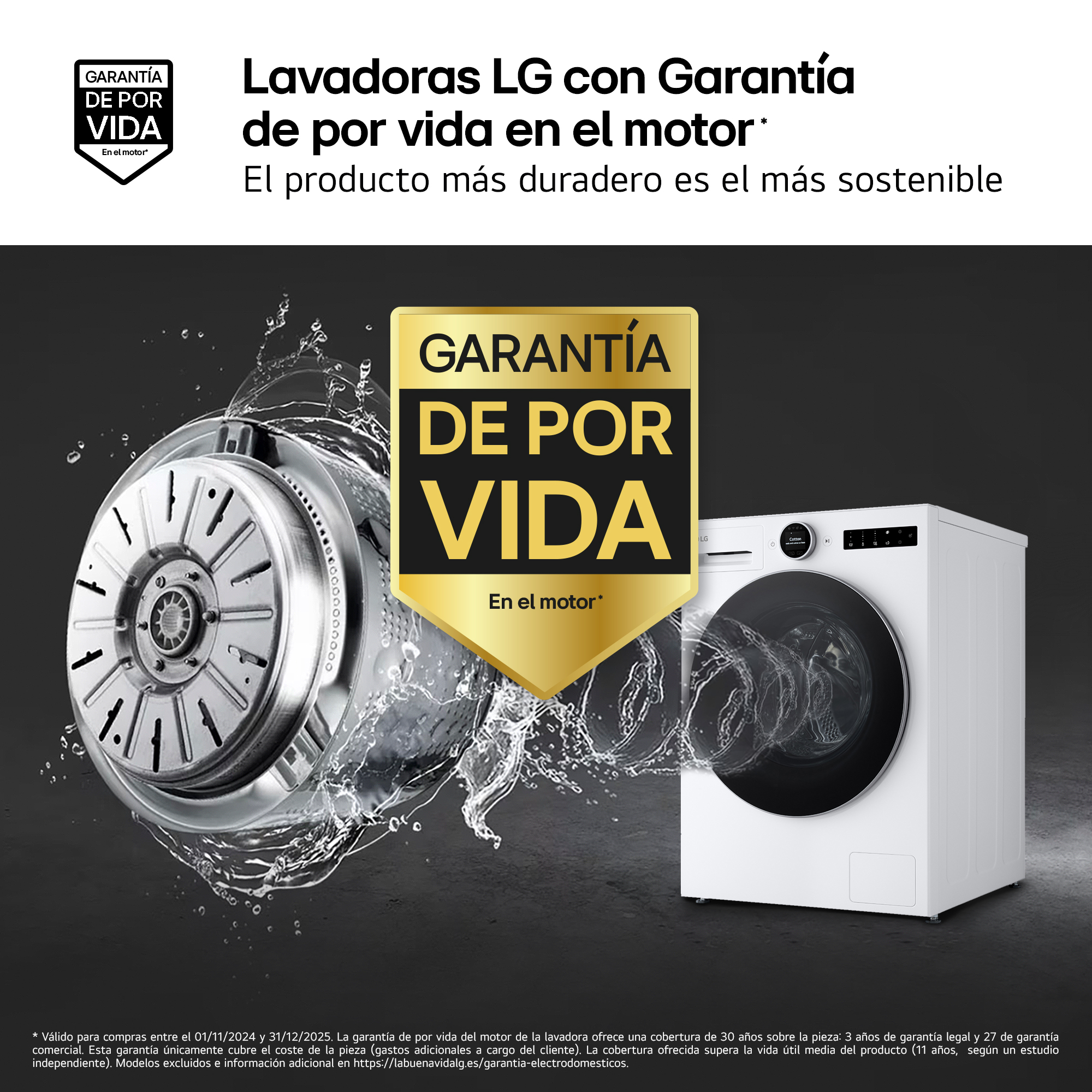 Un anuncio de lavadoras LG. Muestra el interior de una lavadora y una máquina blanca, con texto y logotipos.