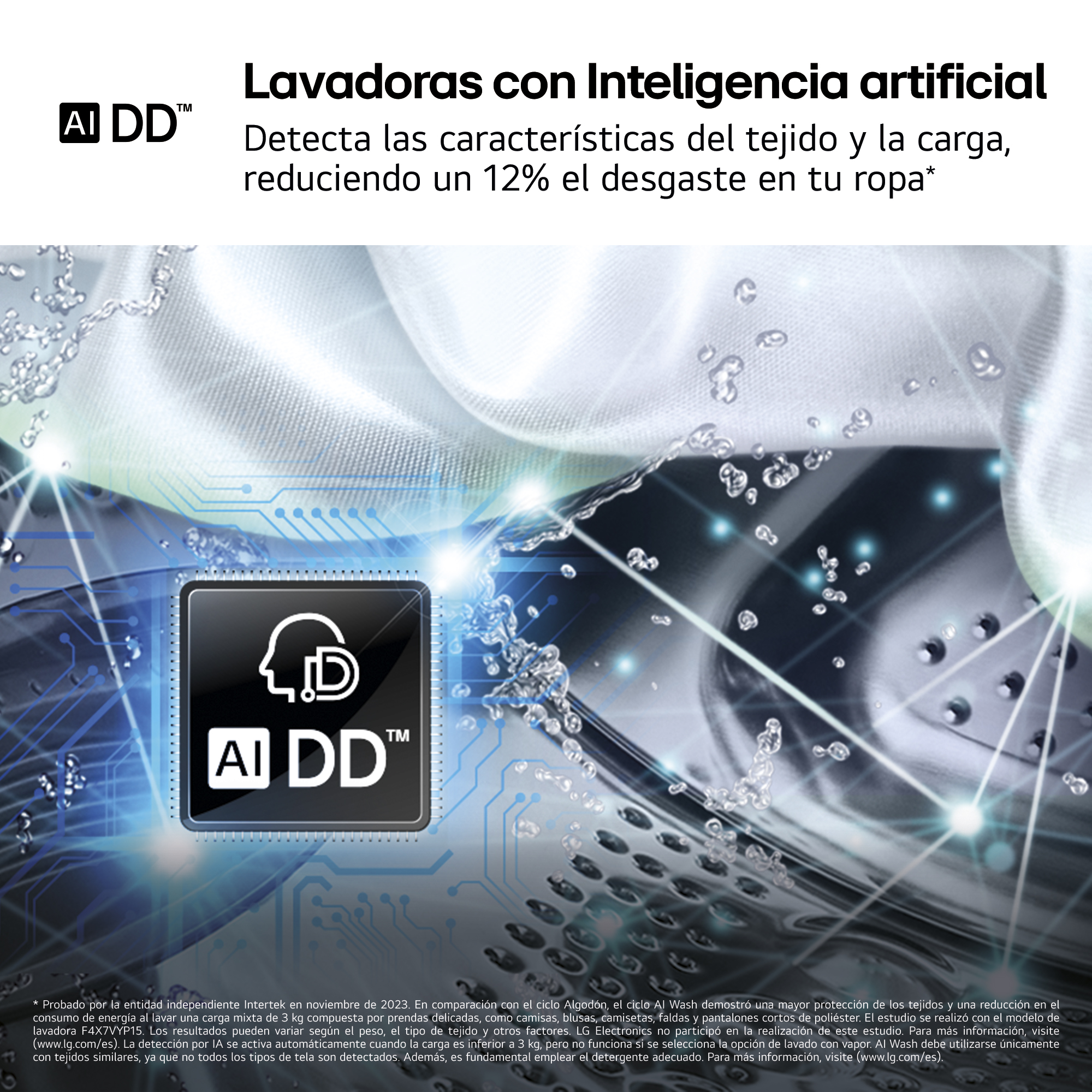 Anuncio de lavadora AI DD. Presenta el logo AI DD, gotas de agua y texturas de tejidos.