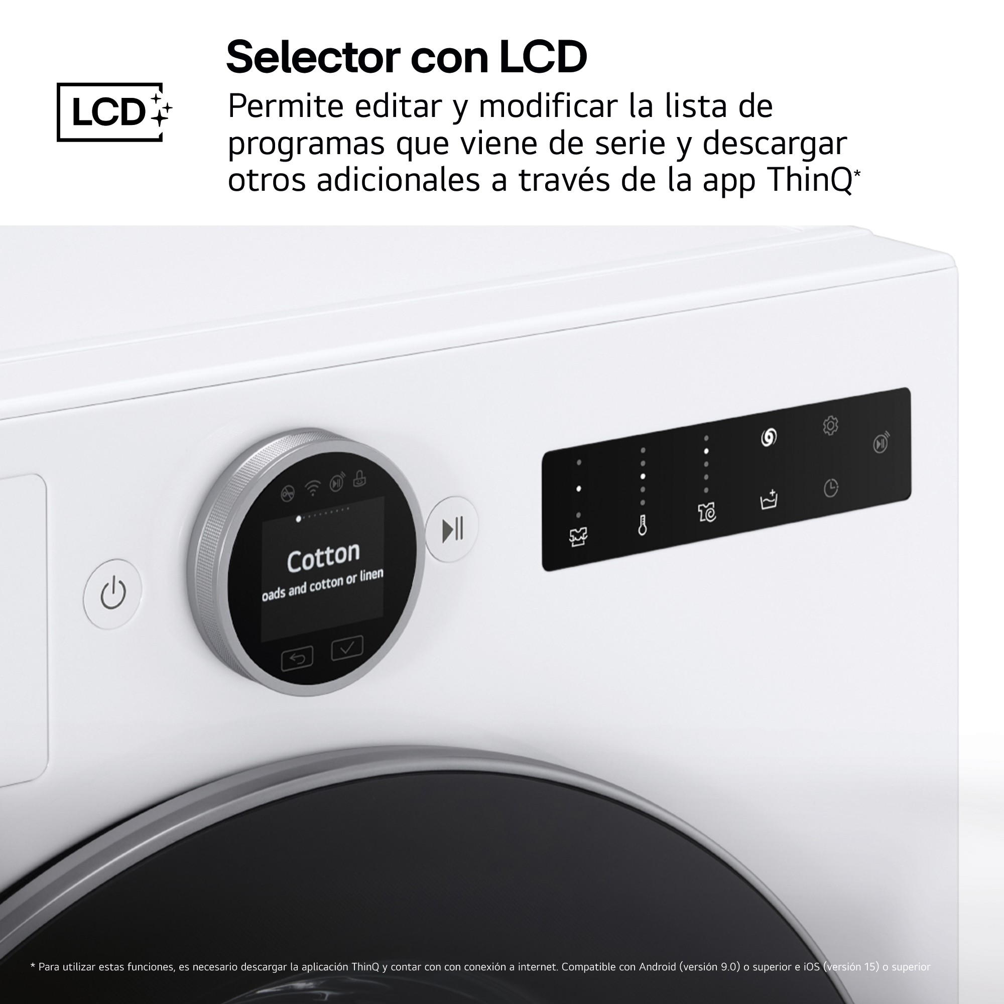 Panel de control de lavadora con pantalla LCD. Cuenta con dial giratorio, botones y pantalla digital que muestra 'Cotton'.