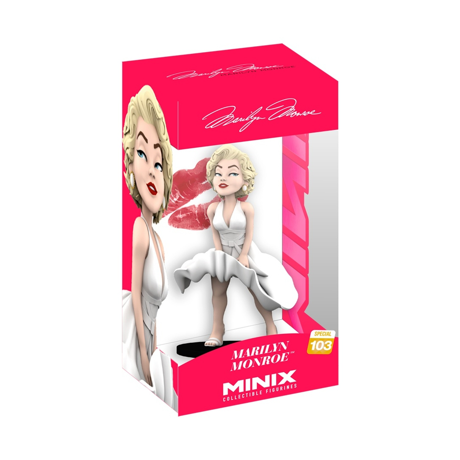 Statuina di Marilyn Monroe in una scatola. La scatola è rosa con il nome di Marilyn Monroe e la sua firma. La statuina indossa un vestito bianco.