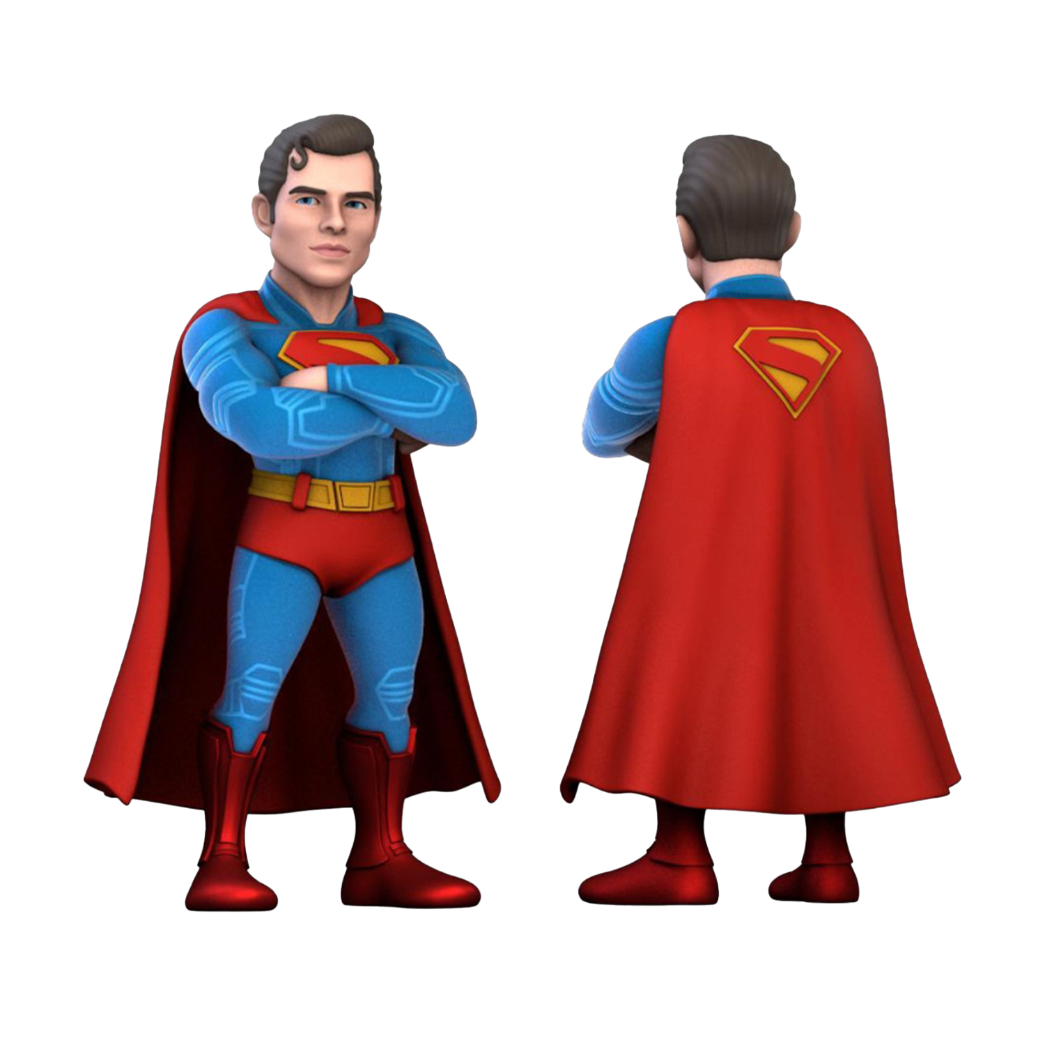 Statuetta di Superman in tuta blu, mantello rosso e stivali, con le braccia conserte. La vista posteriore mostra il logo di Superman.