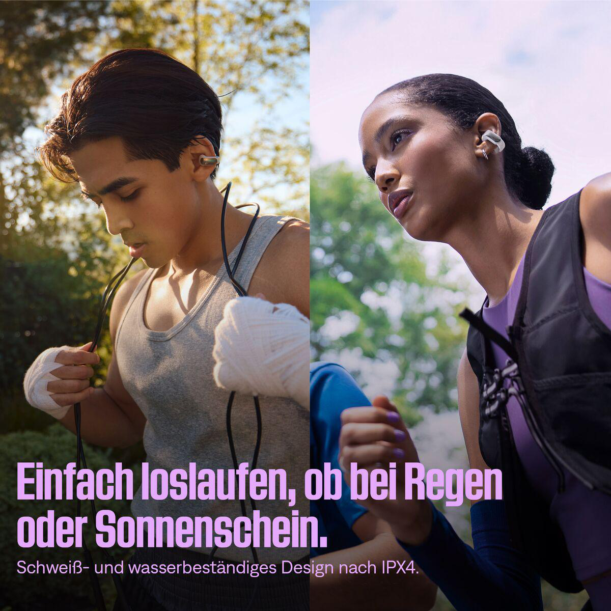 Das Bild zeigt zwei Personen mit Ohrhörern. Einer ist ein Mann mit bandagierten Händen und eine Frau mit hochgestecktem Haar. Text unten.