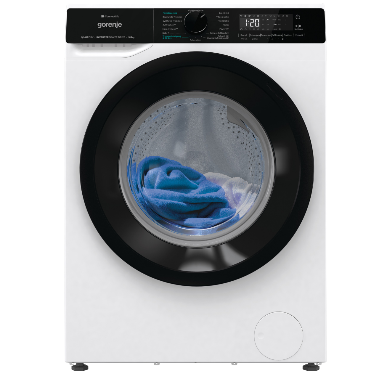 Eine weiße Waschmaschine mit schwarzer Tür und Bedienfeld. Innen sind blaue Kleider zu sehen. Der Bildschirm zeigt 1:20.