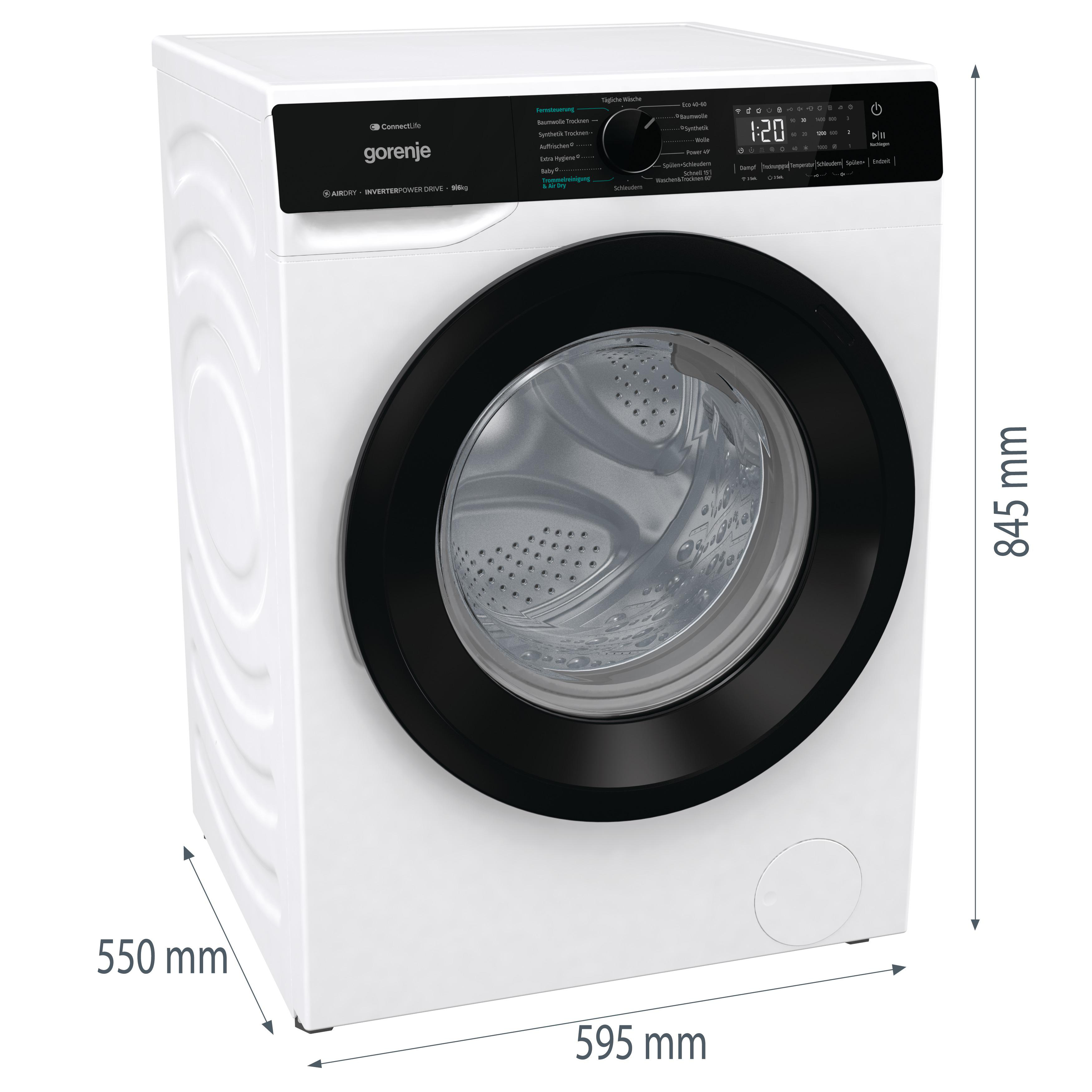 Eine weiße Waschmaschine von Gorenje mit schwarzer Tür. Abmessungen sind angegeben. Bedienfeld und Display sind sichtbar.