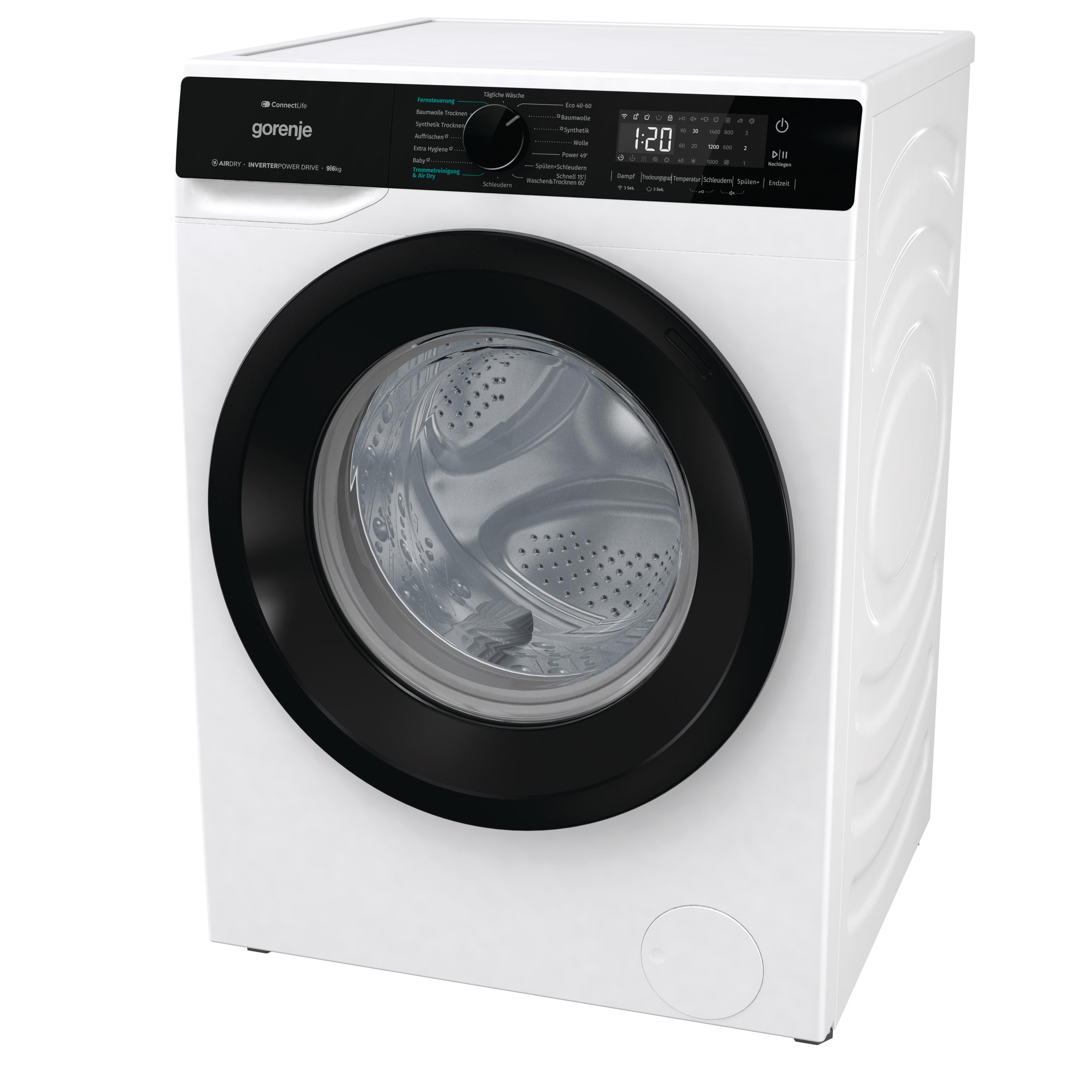 Eine weiße Gorenje-Waschmaschine mit schwarzer Tür. Sie hat ein Bedienfeld mit Digitalanzeige und Knöpfen.