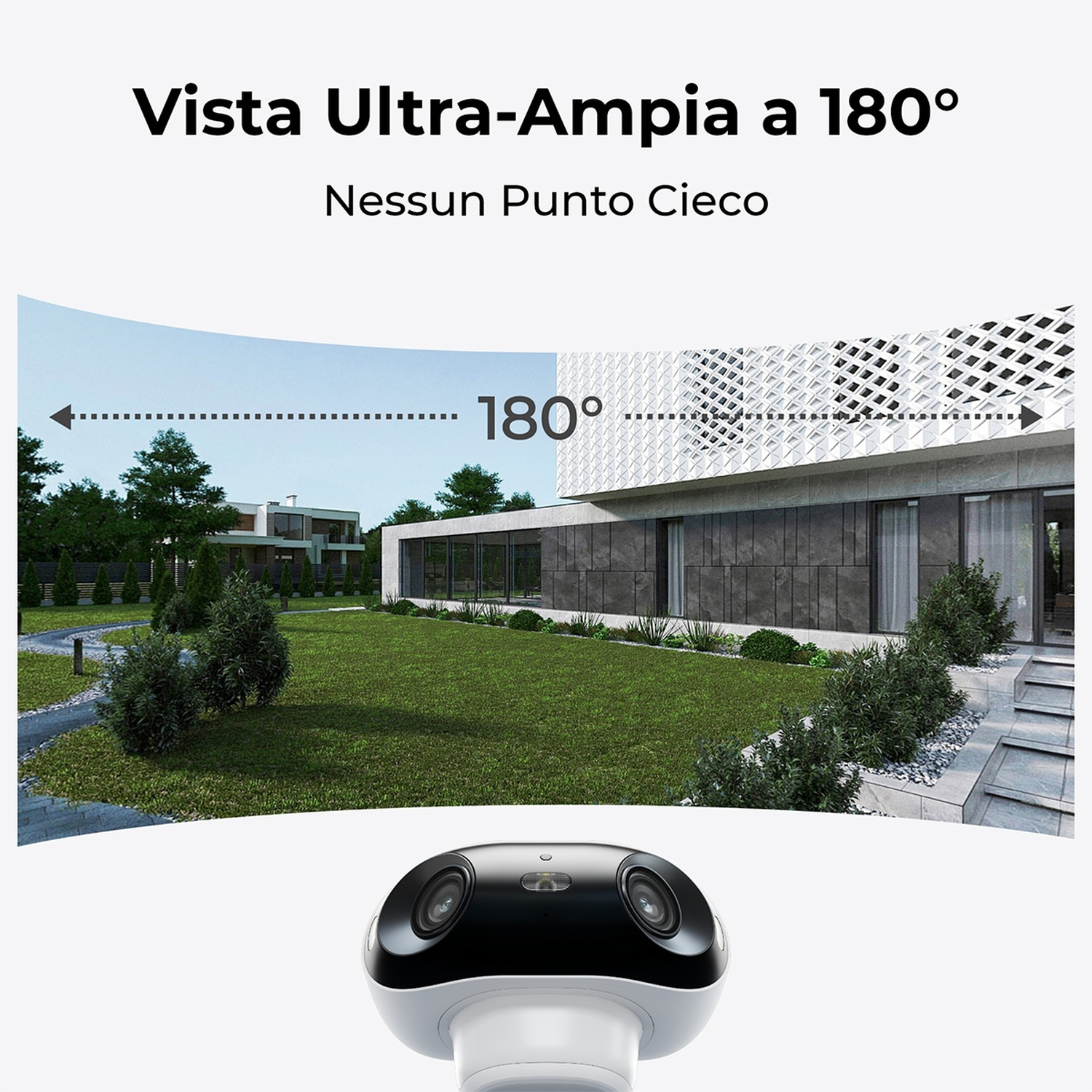 Una telecamera con vista a 180° mostra una casa moderna con prato. Il testo dice 'Vista ultra-ampia a 180°' e 'Nessun punto cieco'.