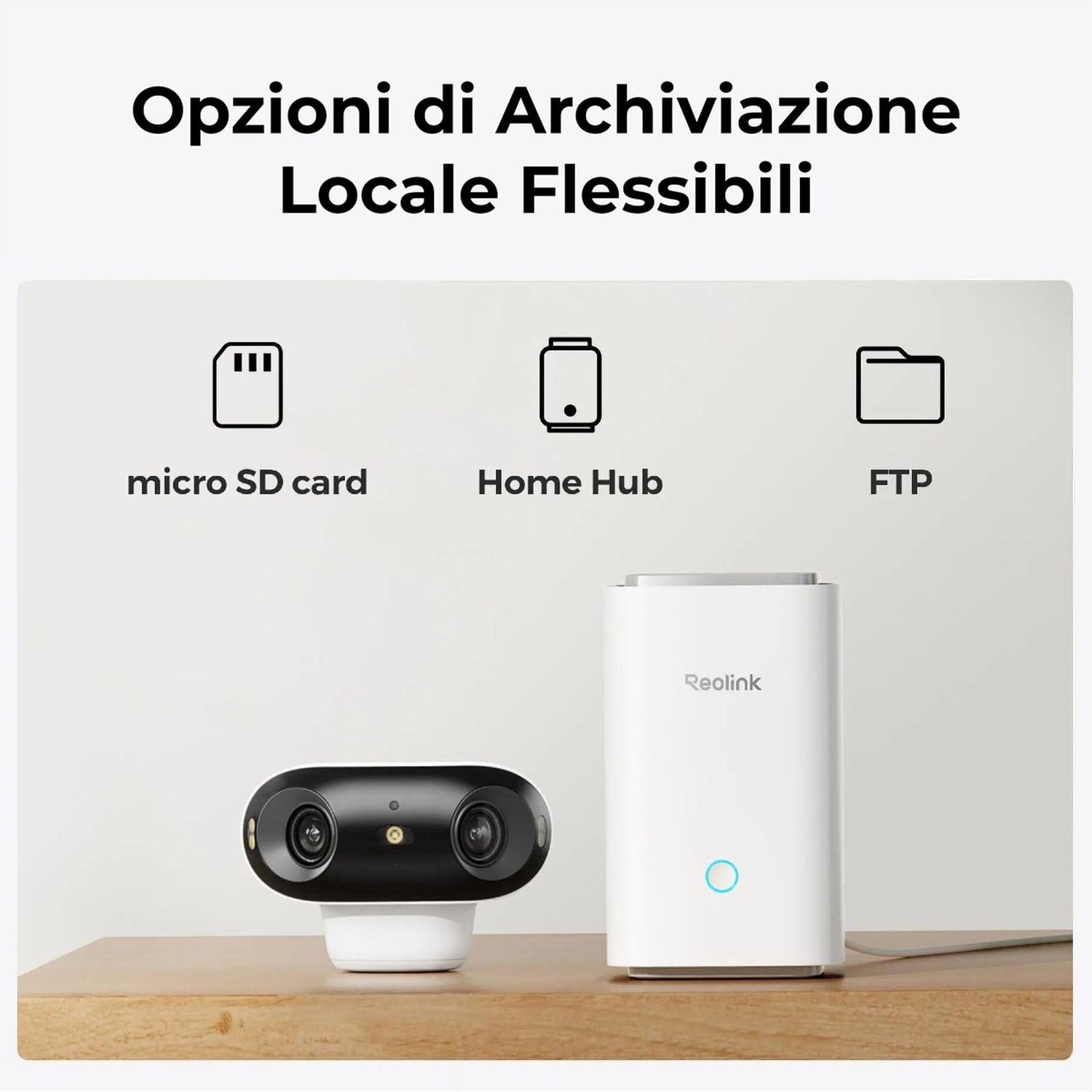 L'immagine mostra le opzioni di archiviazione: micro SD, Home Hub, FTP. Una telecamera e un dispositivo bianco su legno.