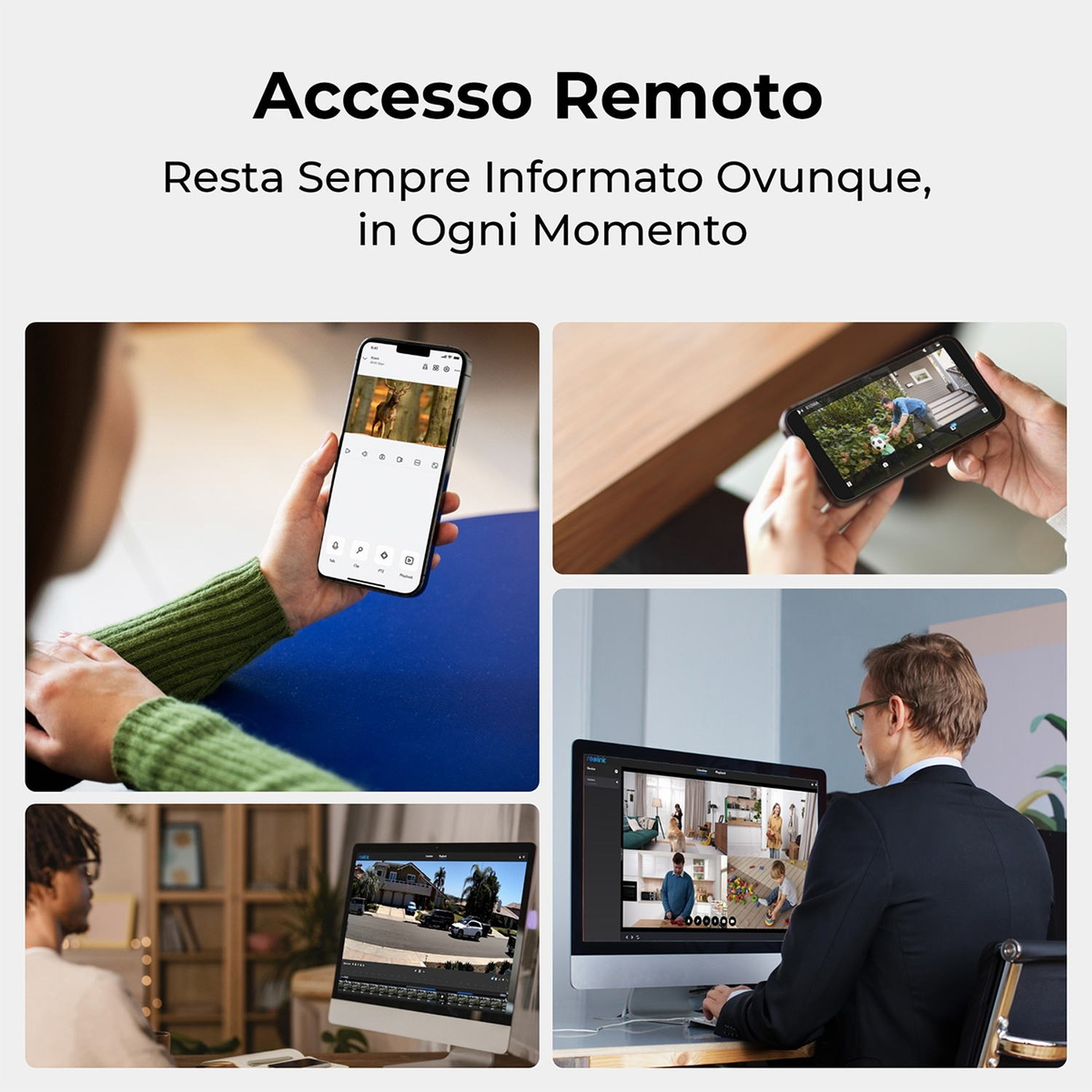Le immagini mostrano l'accesso remoto, con telefoni e schermi di computer che visualizzano varie scene. Le persone usano i dispositivi per visualizzare le riprese.