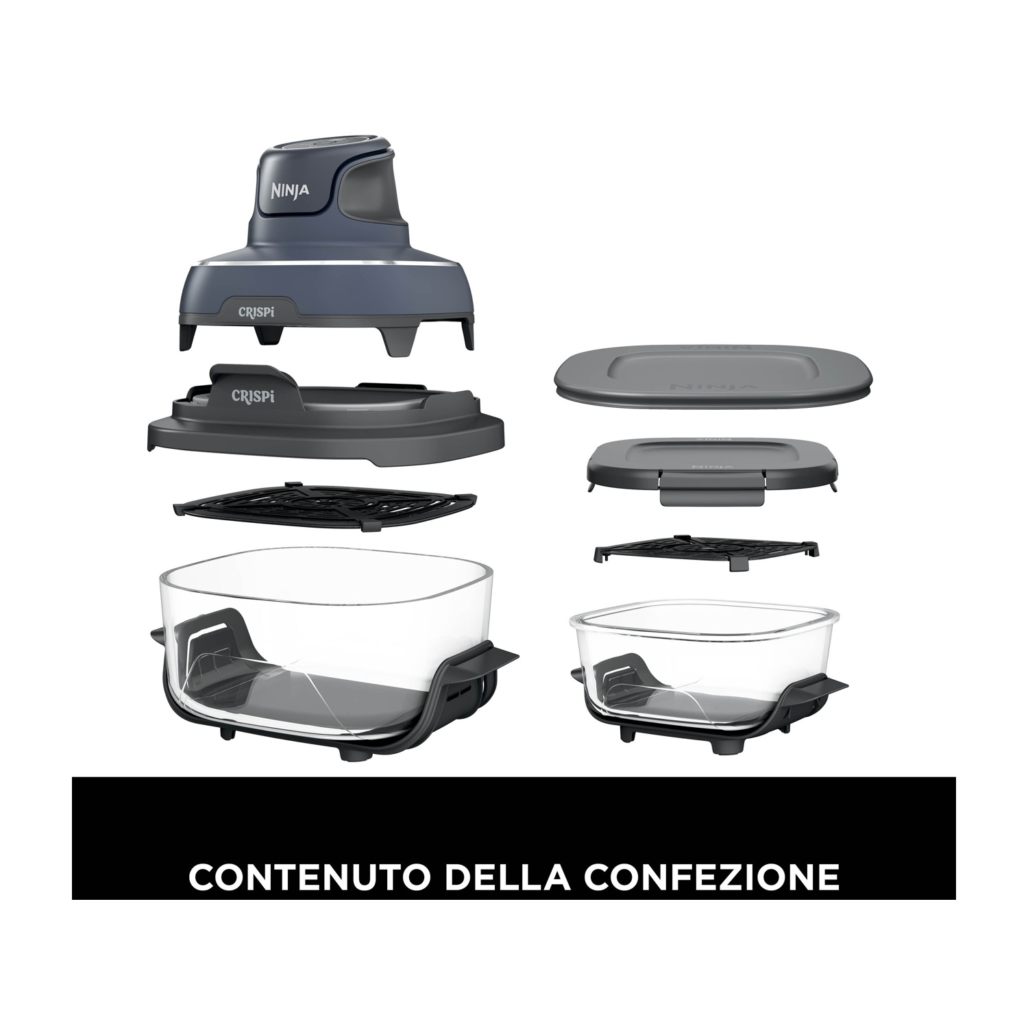 Parti della friggitrice ad aria Ninja. Sezione superiore con logo Ninja. Parti inferiori: vassoio, cestello e contenitore di vetro. Testo: contenuto della confezione.