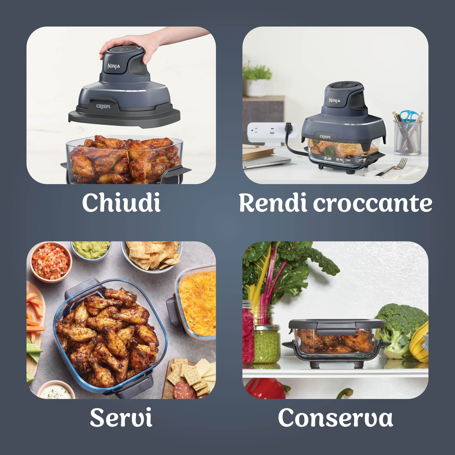 Friggitrice ad aria Ninja che mostra la chiusura del coperchio, con ali di pollo cotte all'interno.