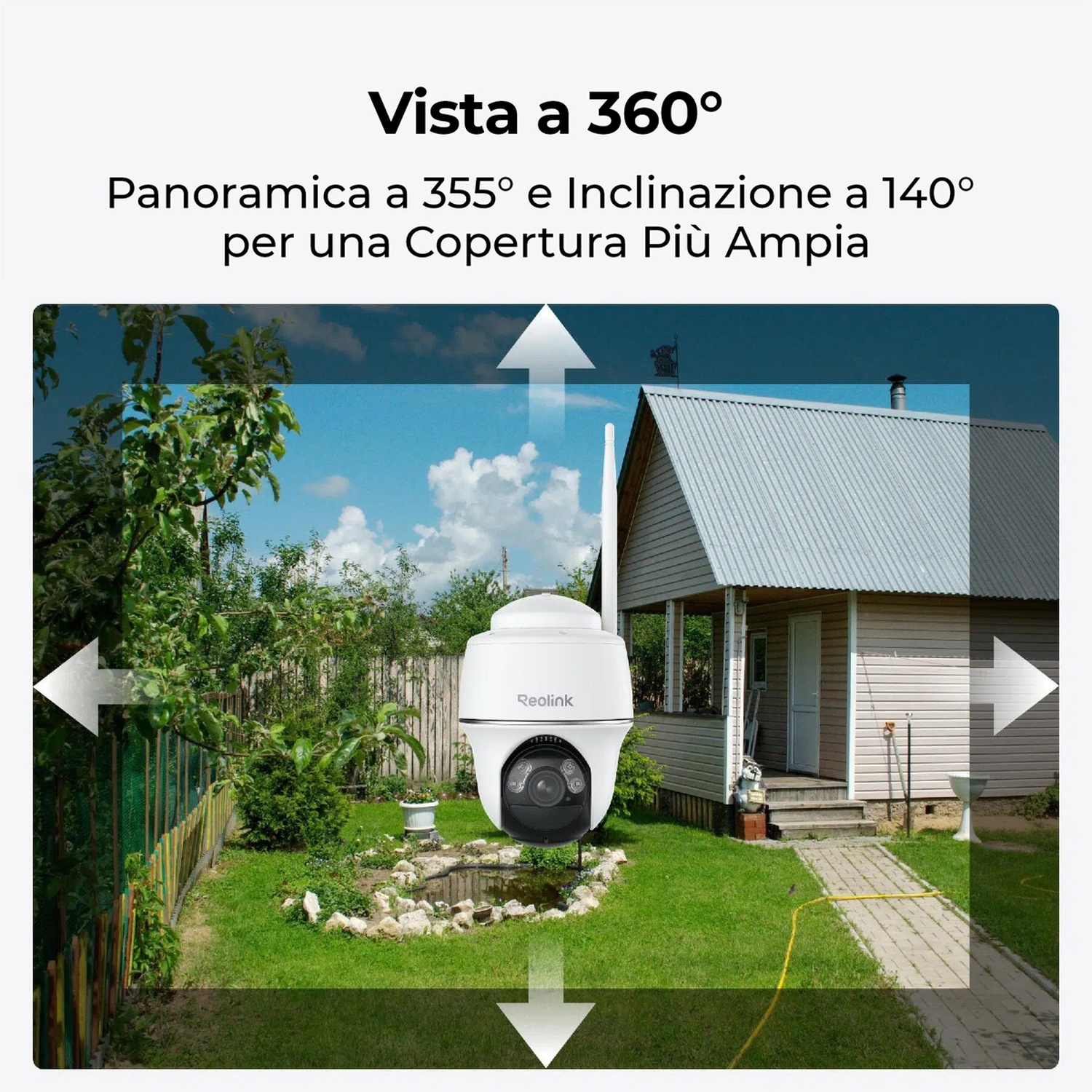 Una telecamera di sicurezza in un giardino. Una casa sullo sfondo. Il testo dice vista a 360° e copertura più ampia.