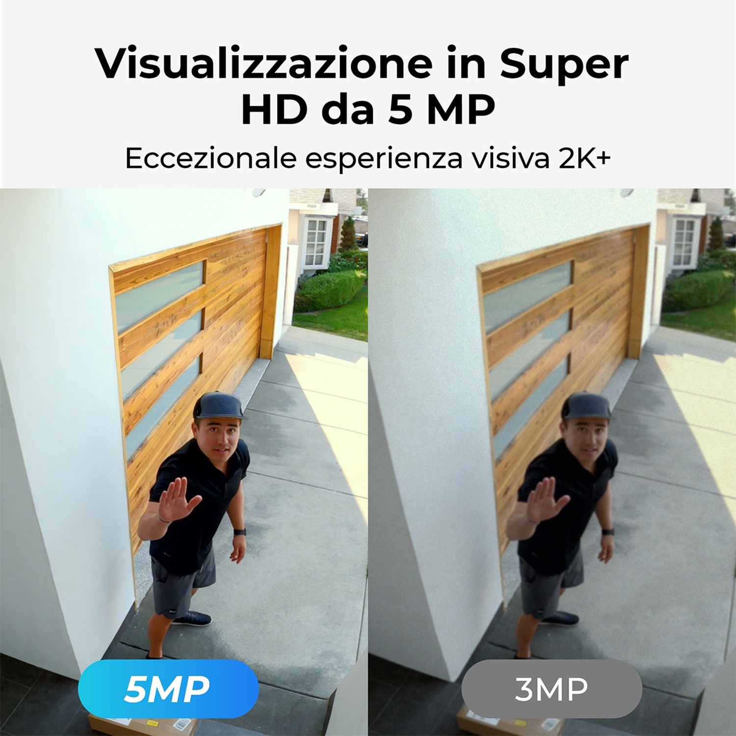 Un uomo saluta davanti a un portone di garage in legno. La scena include una casa e del testo. Sono presenti etichette 5MP e 3MP.