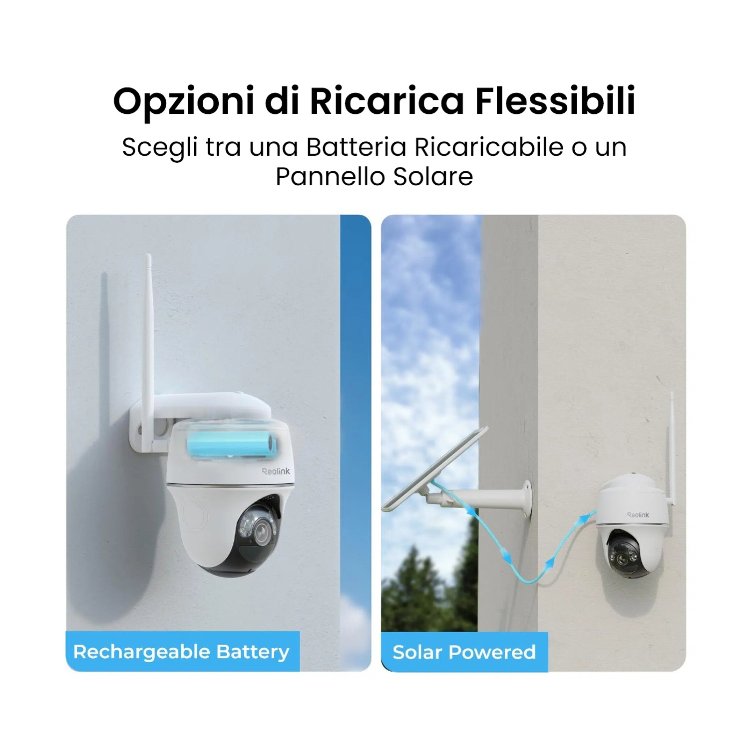 L'immagine mostra due telecamere di sicurezza. Una usa batteria ricaricabile, l'altra è alimentata a energia solare. Entrambe bianche con lente nera.