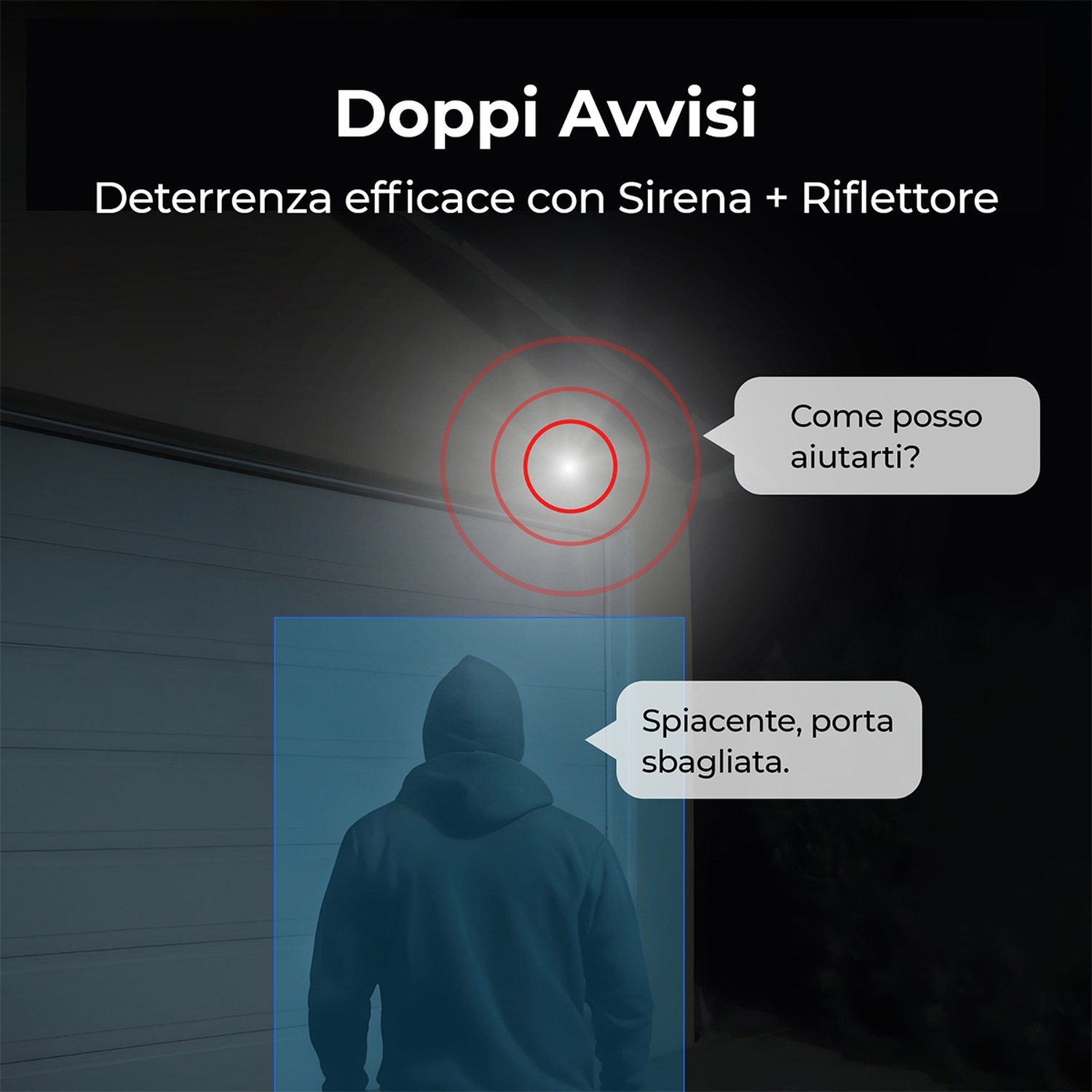 Una persona con la felpa con cappuccio sta davanti a una porta. Le nuvole di testo chiedono aiuto e dicono 'porta sbagliata'.