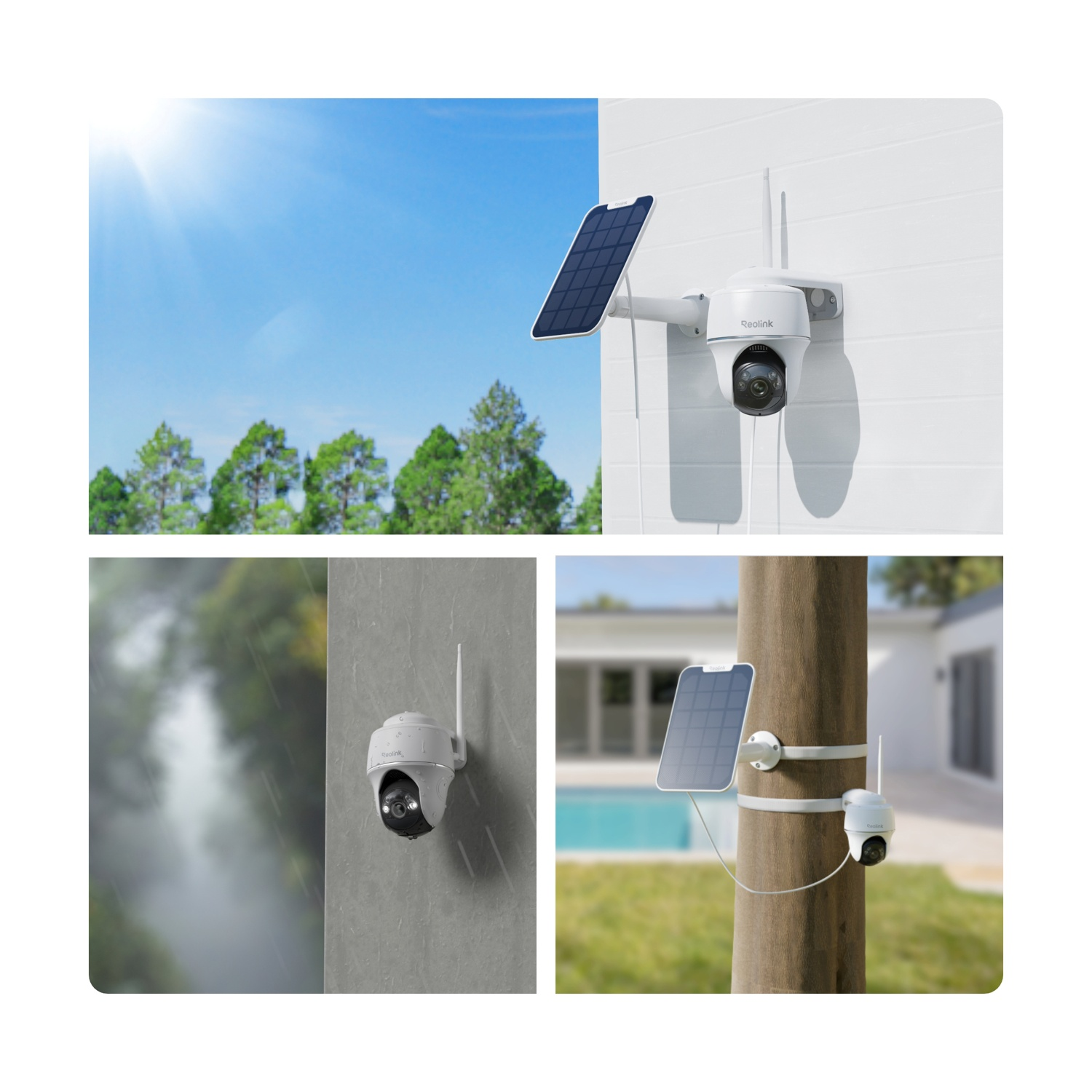 Tre telecamere di sicurezza con pannelli solari. Una su un muro bianco, una vicino a una cascata e una su un tronco d'albero.