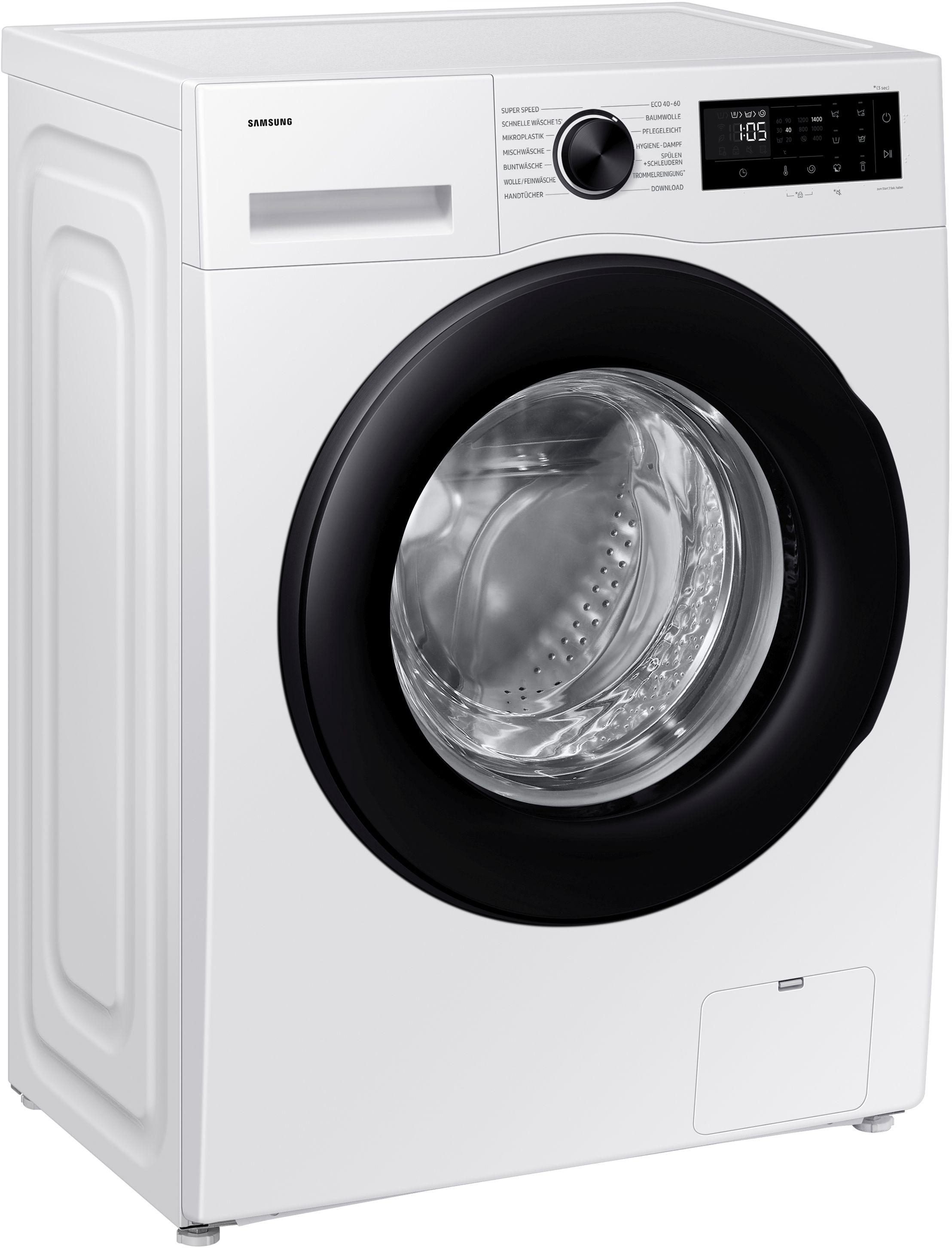 Weiße Samsung Waschmaschine mit schwarzer Tür und Bedienfeld. Das Display zeigt die Zeit.