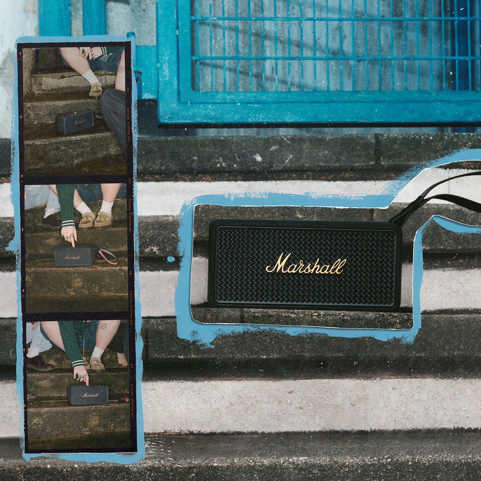 Una persona sulle scale con un altoparlante Marshall. L'immagine include un cancello blu, in stile striscia di film con persona e altoparlante.