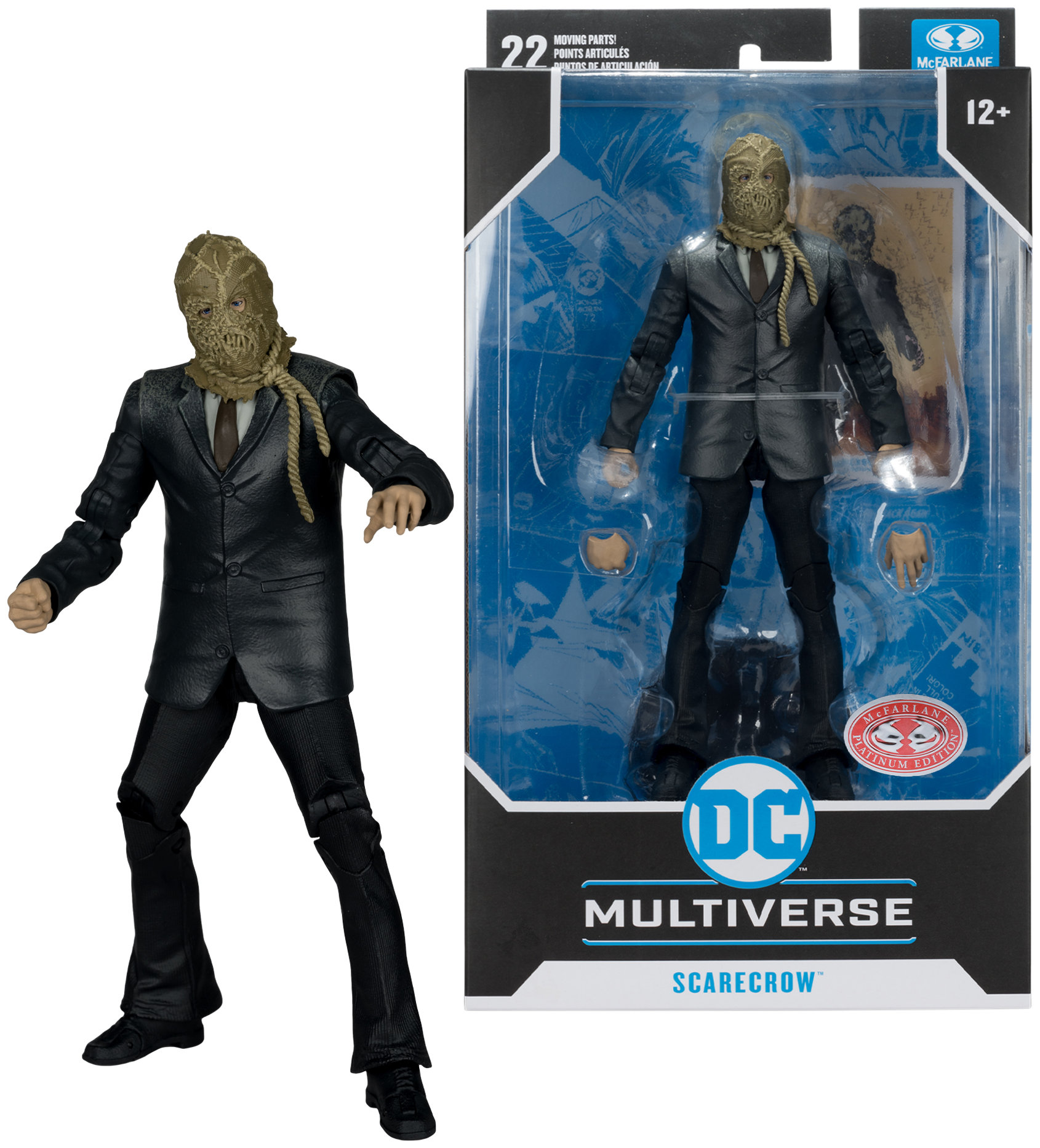 Madárijesztő akciófigura zsákvászon maszkkal és öltönnyel. A csomagolásában van, DC Multiverse logóval. A figura pózol.