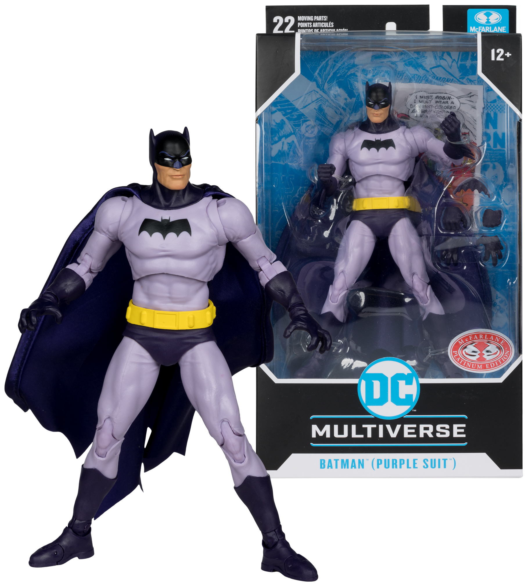 Batman figura lila öltönyben, fekete köpennyel és sárga övvel. A termék doboza jobbra. DC Multiverse.