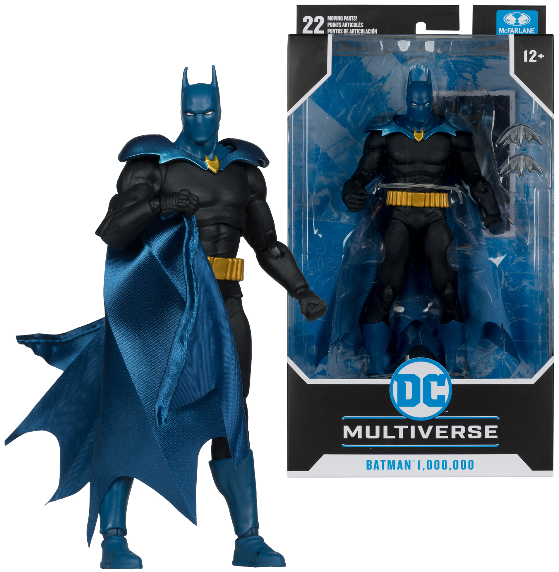 Batman akciófigura. Kék csuklya, köpeny és csizma. Fekete öltöny. Egy második Batmannal csomagolva, átlátszó műanyag tokban.
