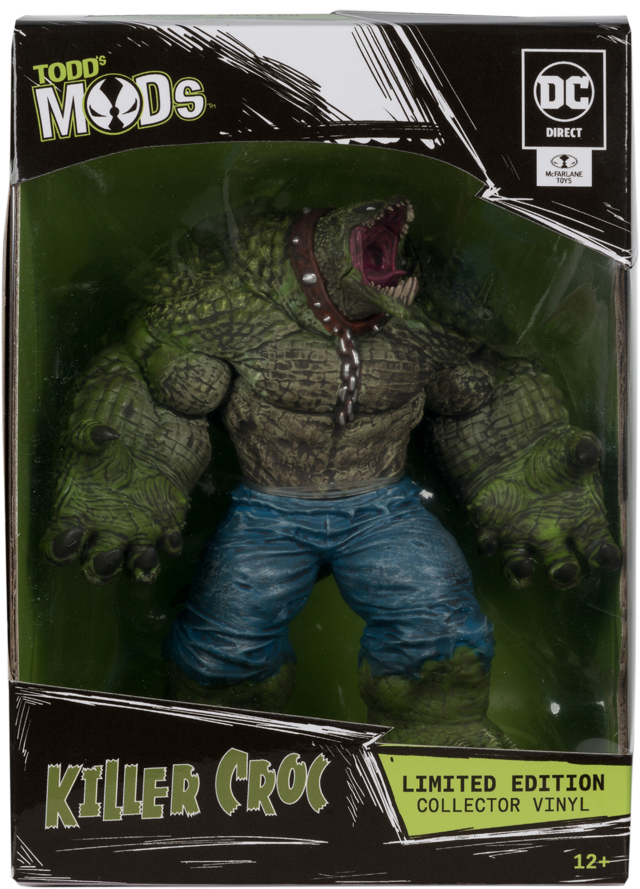 Killer Croc akciófigura dobozban. Zöld bőr, kék nadrág és barna gallér. Nyitott száj, látható fogakkal.