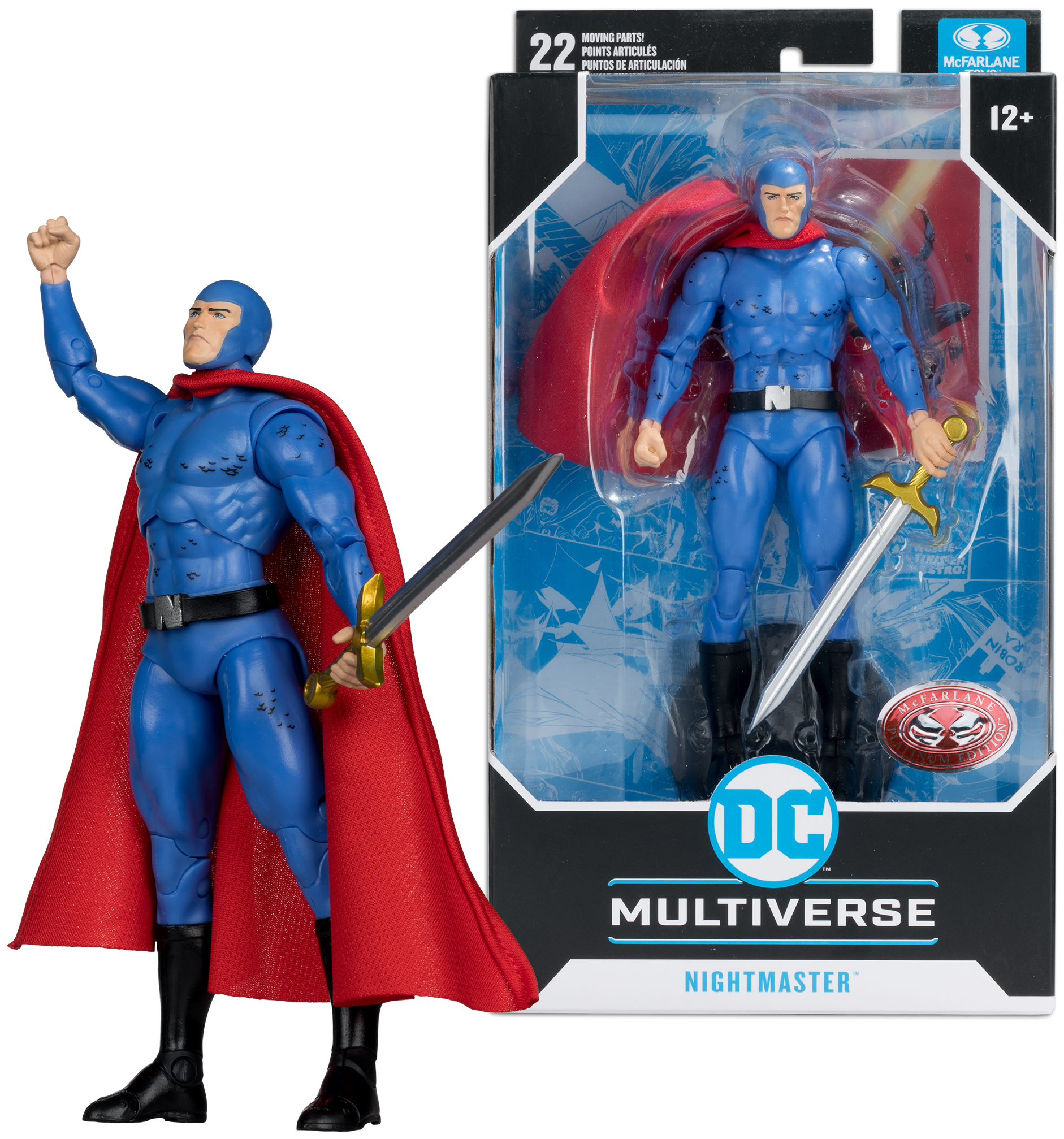 Egy Nightmaster akciófigura, piros köpennyel és karddal. A figura egy dobozban van, a DC Multiverse logóval.
