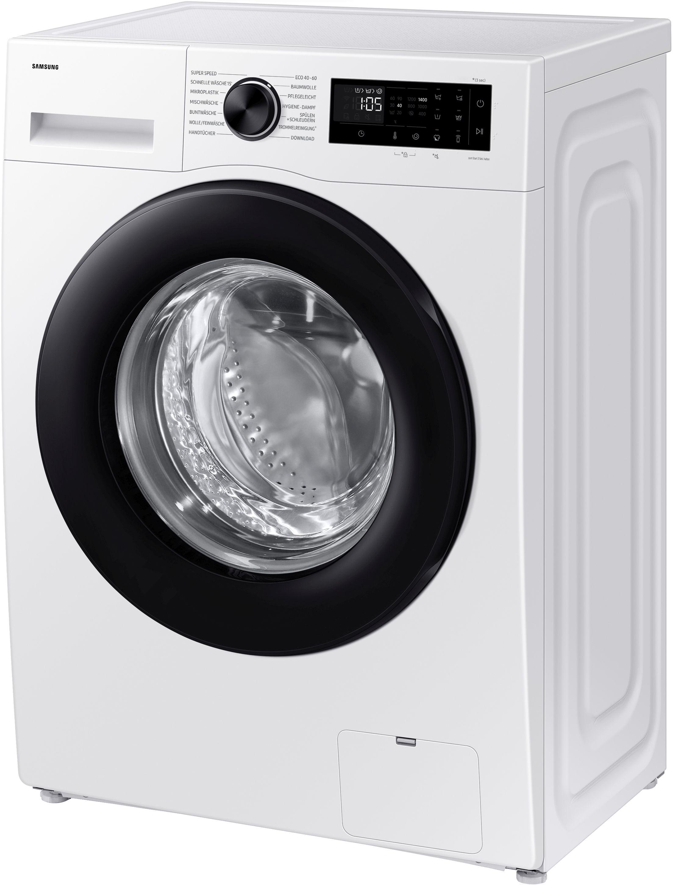 Eine weiße Samsung Waschmaschine mit schwarzer Tür. Sie hat ein digitales Display und verschiedene Programmoptionen.