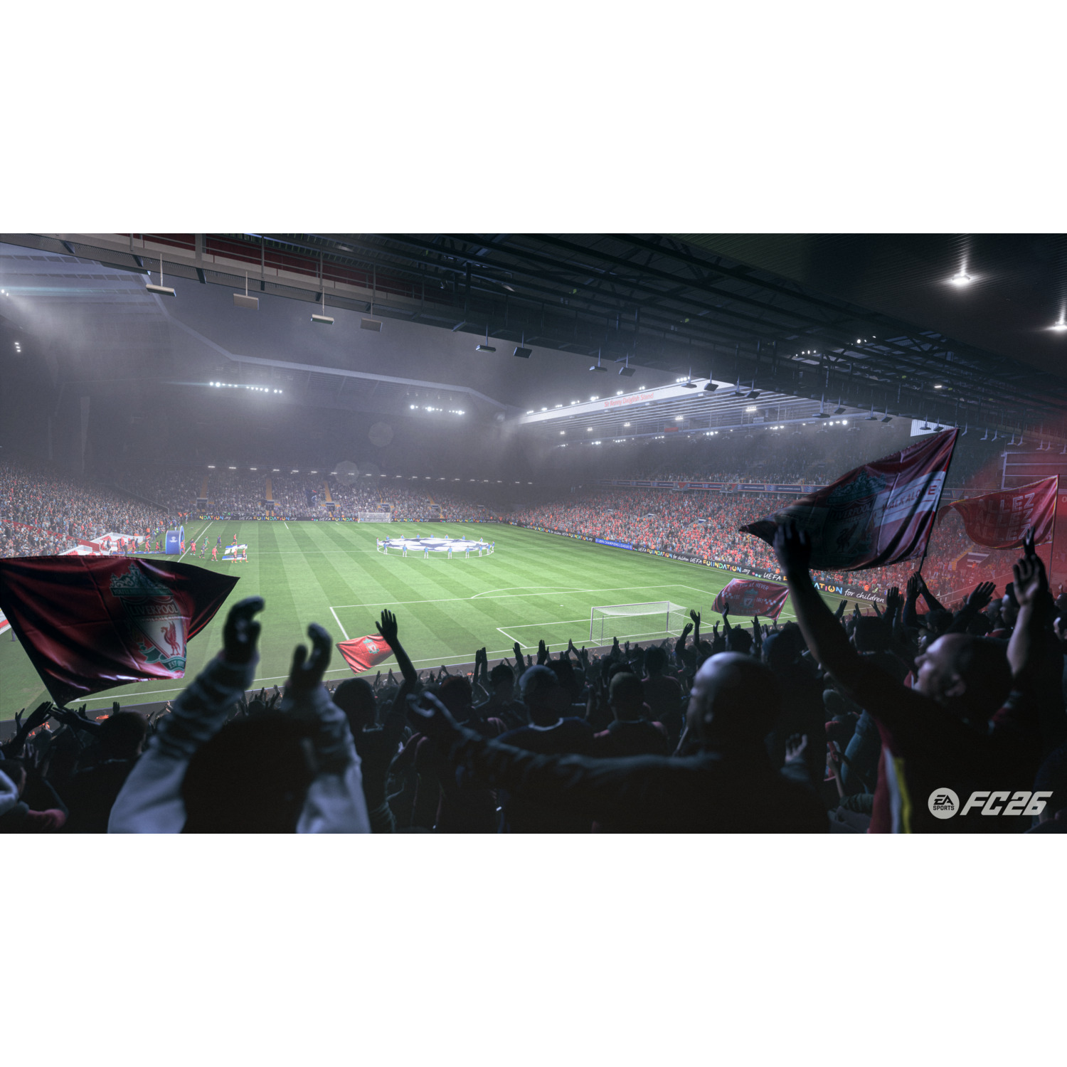 Een vol stadion met fans die vlaggen zwaaien. Een voetbalveld staat in het midden. De hemel is verlicht.