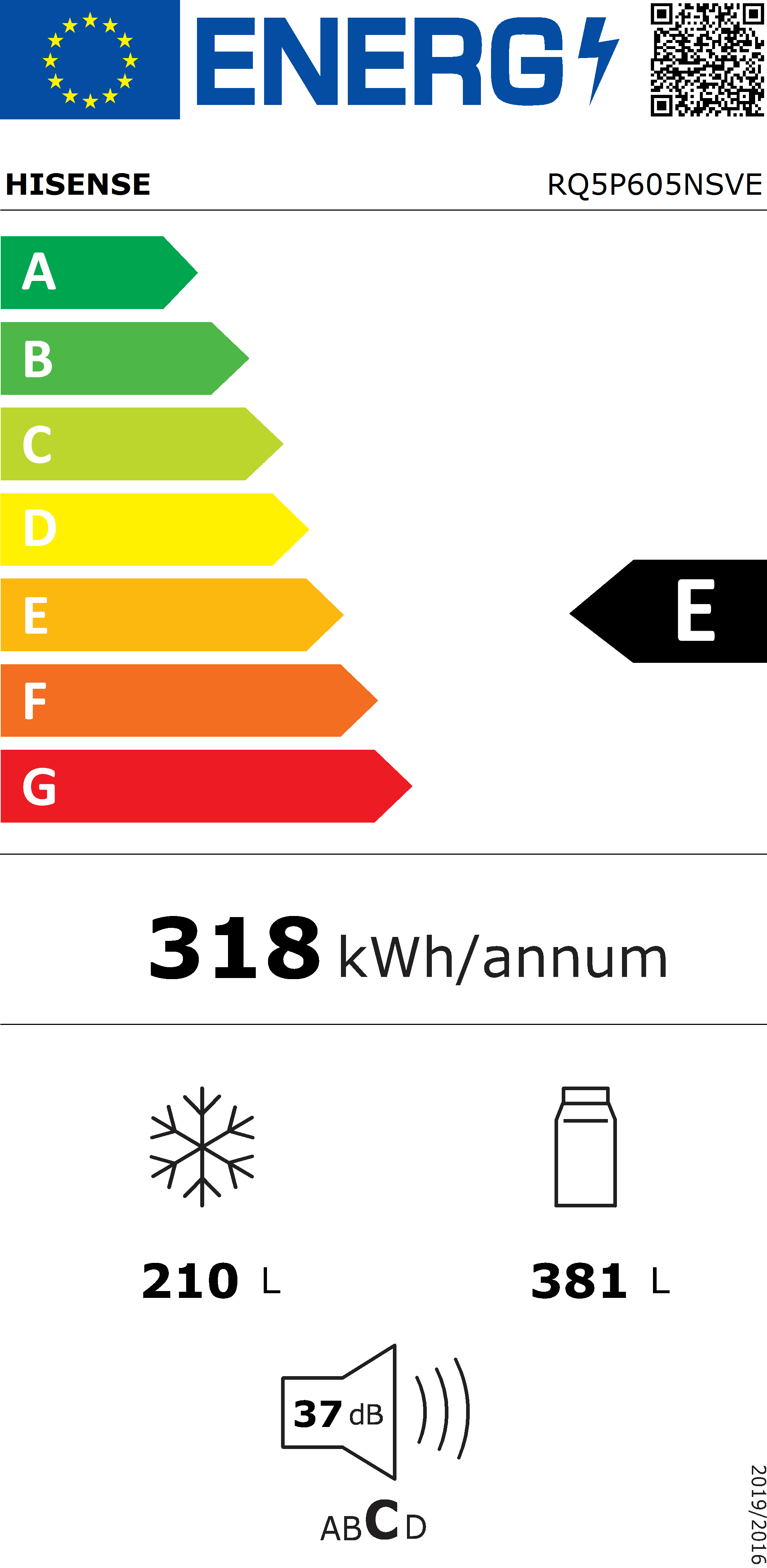 Energielabel für einen Hisense-Kühlschrank. Zeigt eine E-Bewertung, einen Stromverbrauch von 318 kWh/Jahr und Kapazitätsangaben.