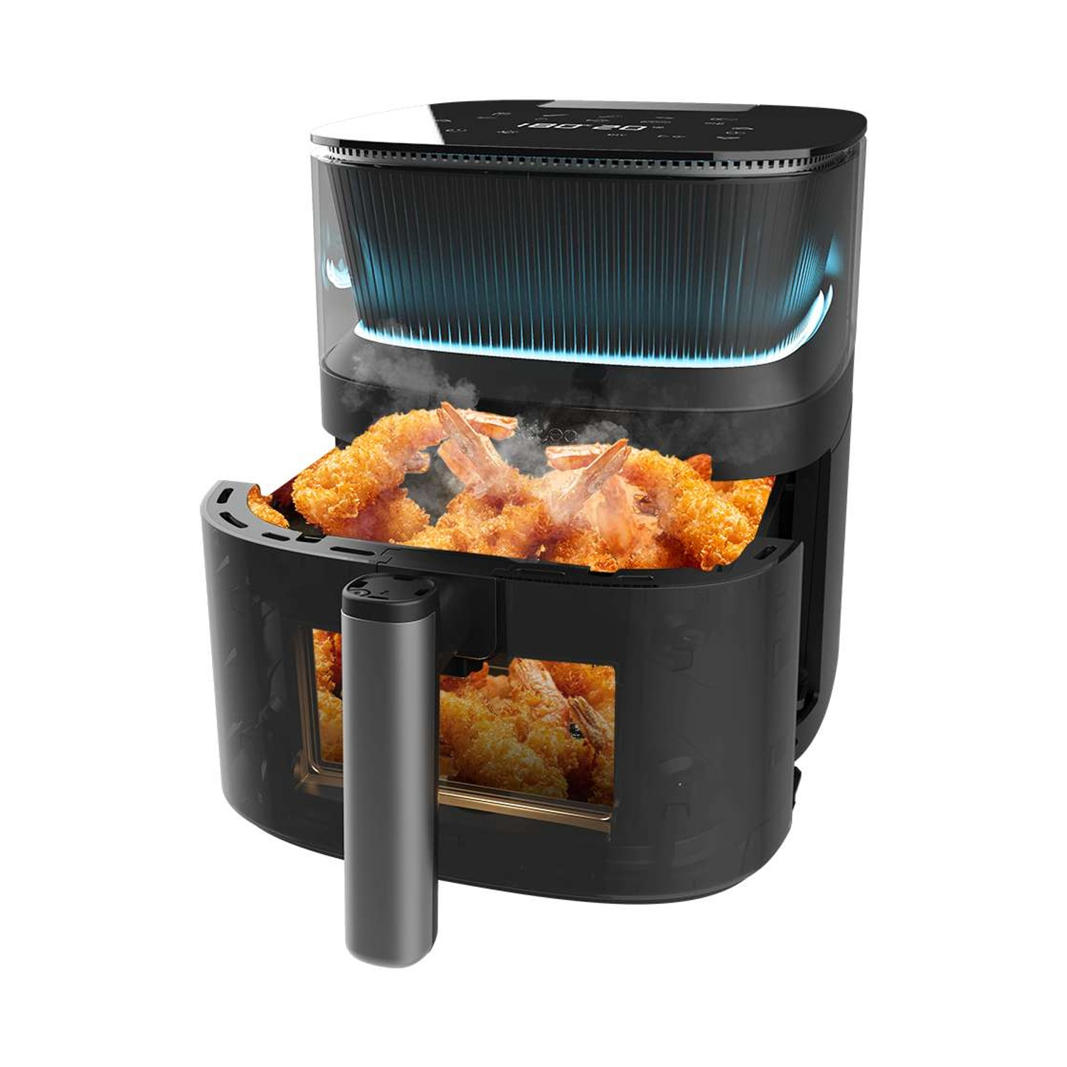 Friggitrice ad aria nera con un vassoio di gamberi fritti. Il vapore sale dal vassoio. Maniglia argentata.